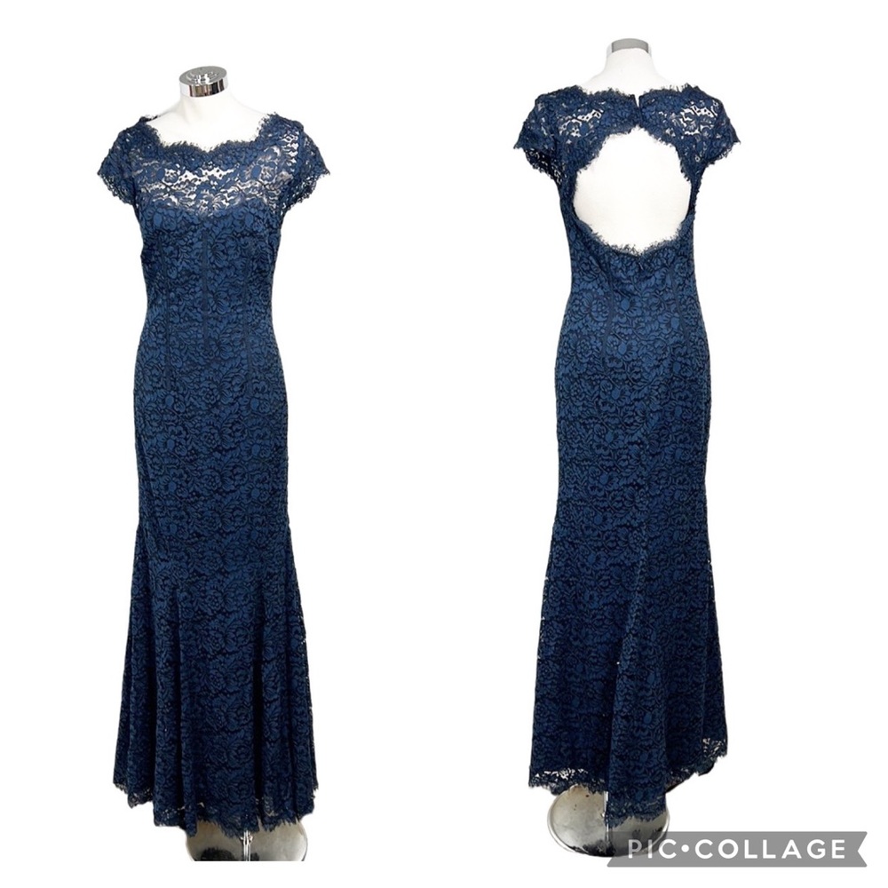 Monique Lhuillier Lace Open Back Mermaid Evening Gown Navy Blue Size 8 Scalloped